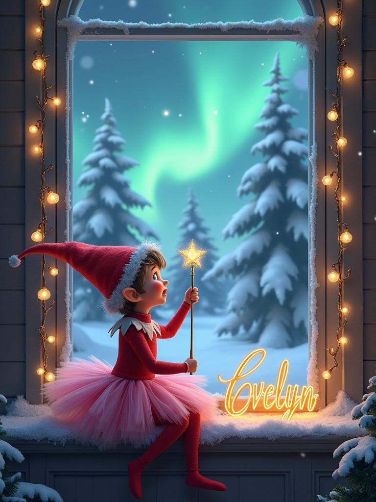 Cheerful elf girl sitting by window during winter. Gazing at northern lights in the sky. Holding wand with name Evelyn. Excited expression. Window ledge adorned with snow and holiday decorations. Outside snow-covered trees create magical atmosphere.