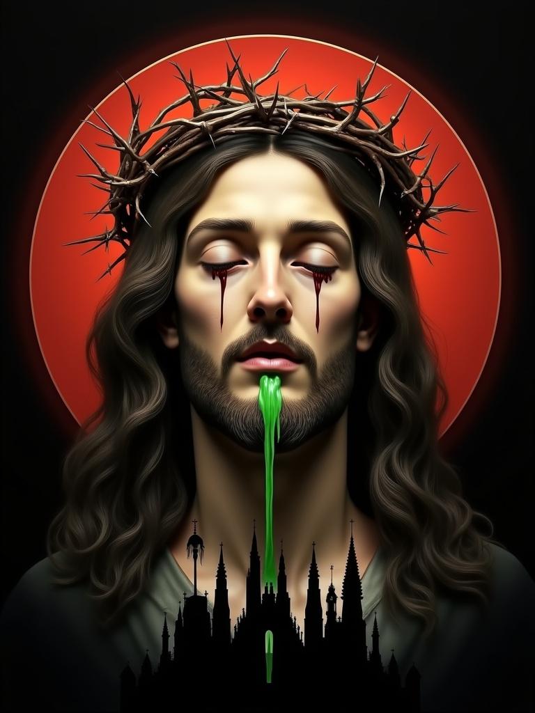 The image shows a stylized portrait of a figure associated with religious themes. The serene expression and surreal imagery create a striking appearance. The figure has white eyes and long wavy hair, dark at the roots and light brown at the tips. A crown of thorns is positioned on the head, detailed in texture. Red streaks resembling blood drip down the cheeks. A green stream flows from the mouth, contrasting with the somber colors. Behind the figure is a large red halo, symbolizing holiness over a black background. At the base, a dark silhouette of cathedral spires adds depth to the imagery.