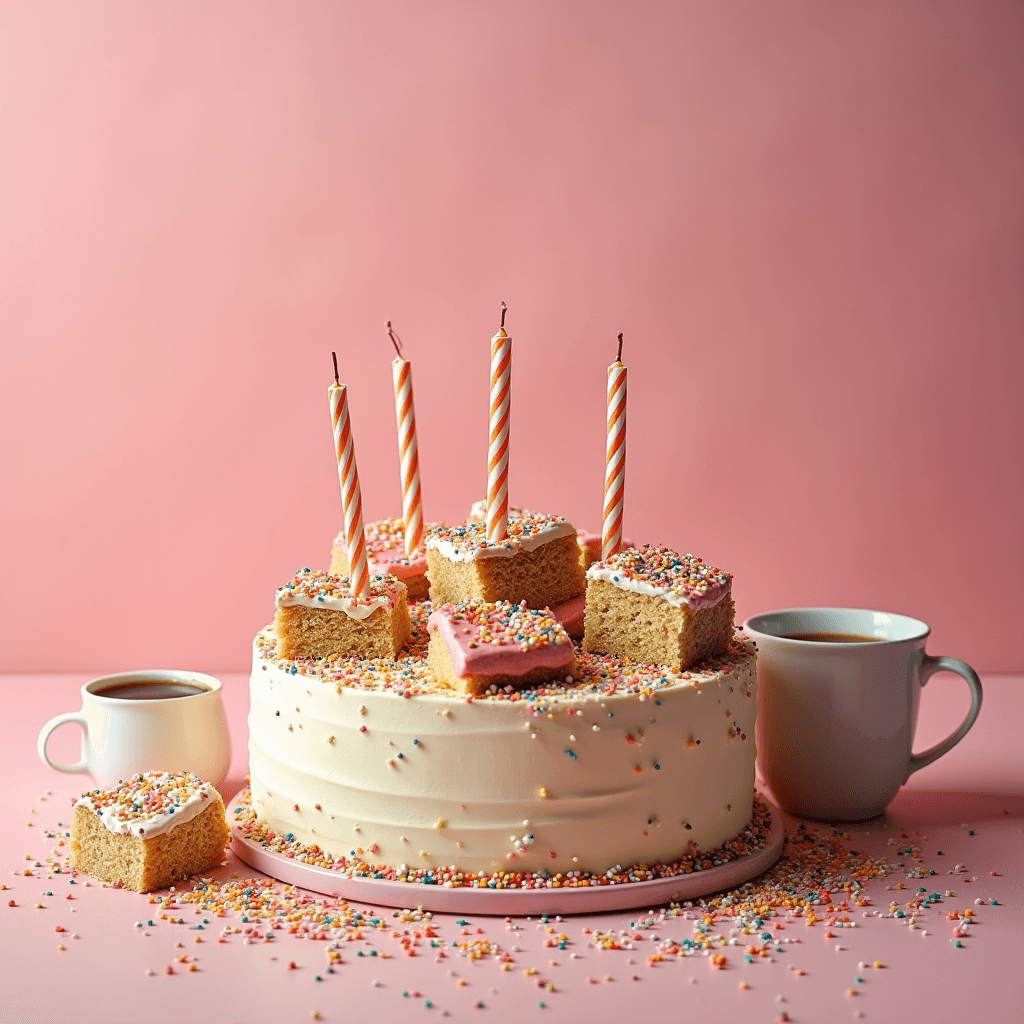 A festive cake adorned with colorful sprinkles and candles, accompanied by two cups of coffee against a pink backdrop.