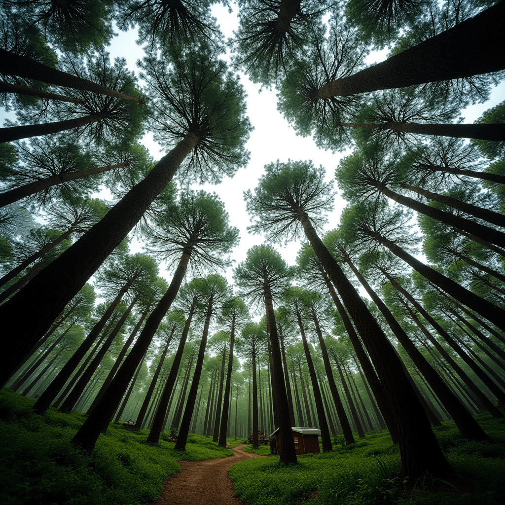 Tall pine trees stretch up to the sky with a small cabin nestled among them.