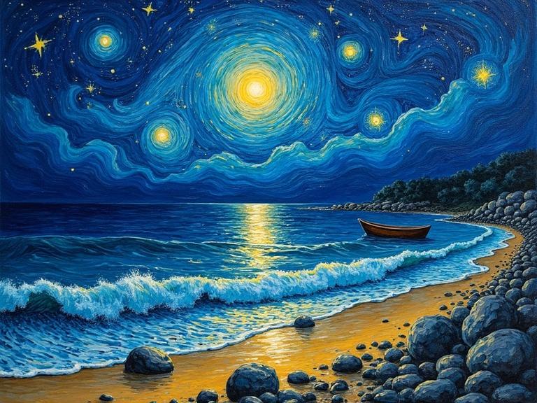 Surreal seaside night scene painted with expressive brushstrokes. Features glowing waves with moonlight, whirling stars in the sky, and a boat reflecting light. Deep blues and vibrant yellows create texture.