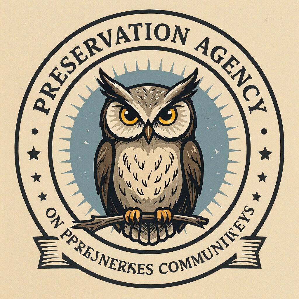 Logo design featuring an authoritative owl for a preservation agency dedicated to sustaining online communities and historical narratives. The logo should convey power and reliability with a traditional aesthetic.