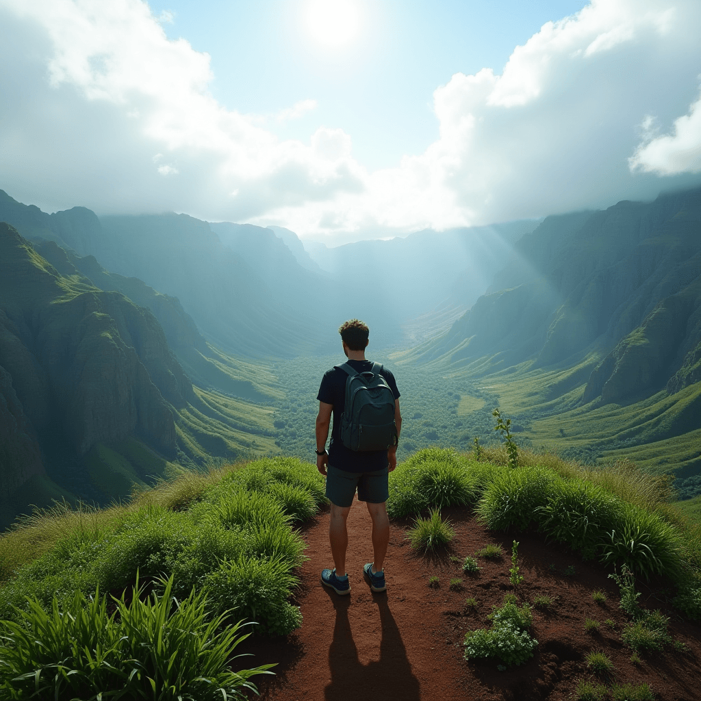 The image captures a breathtaking landscape where a lone hiker stands atop a grass-covered ridge, overlooking a vast, lush valley surrounded by towering, green mountains. Sunlight filters through the clouds, casting dramatic rays and illuminating the verdant scenery. The ground under the hiker's feet is a rich, reddish-brown soil, contrasting with the vibrant greens of the foliage. The hiker, equipped with a backpack, gazes out, seemingly absorbed in the grandeur of nature. The atmosphere is serene and awe-inspiring, emphasizing the beauty and scale of the natural world.