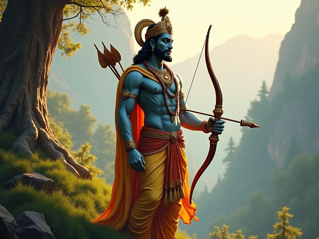 A majestic figure from Hindu mythology standing in a serene landscape, holding a bow and arrow, with a background of lush greenery and mountains, capturing a mystical and divine presence.