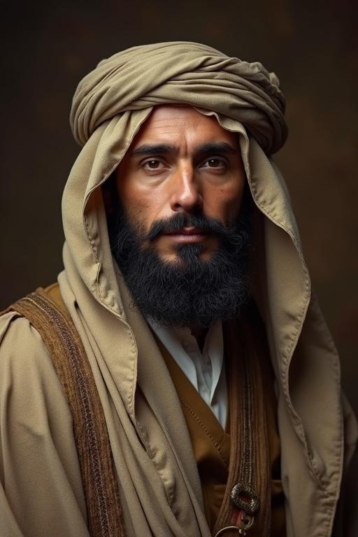 A photo features a man dressed in traditional Middle Eastern attire. Attire includes a richly colored red cloak adorned with intricate patterns. Underneath, a long green tunic is visible. Accessories consist of a belt and jewelry. The figure stands in profile showcasing the majestic fabric and details of the clothing.