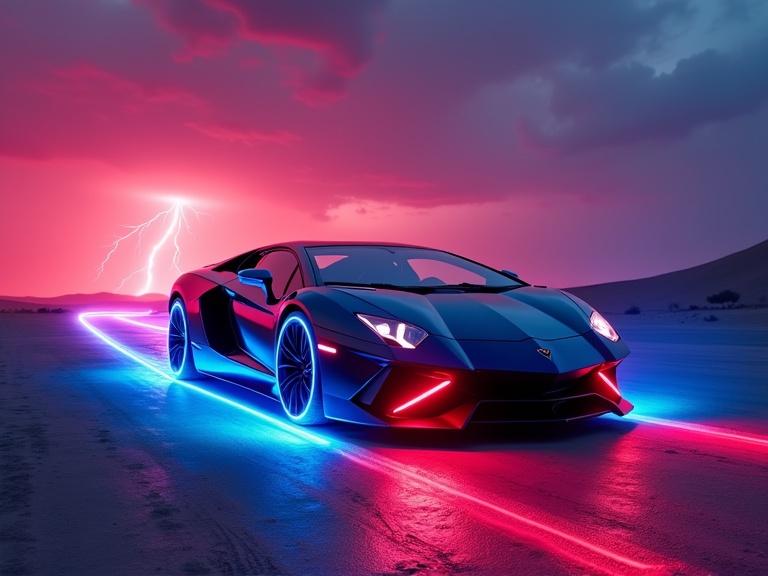 Futuristic Lamborghini in a cyberpunk style. Laser light wheels on a desert horizon. Dramatic sunset with blue and red lights. Lightning and thunder in the background. Car shown from a low angle in front. Fog and rain effects in the scene.
