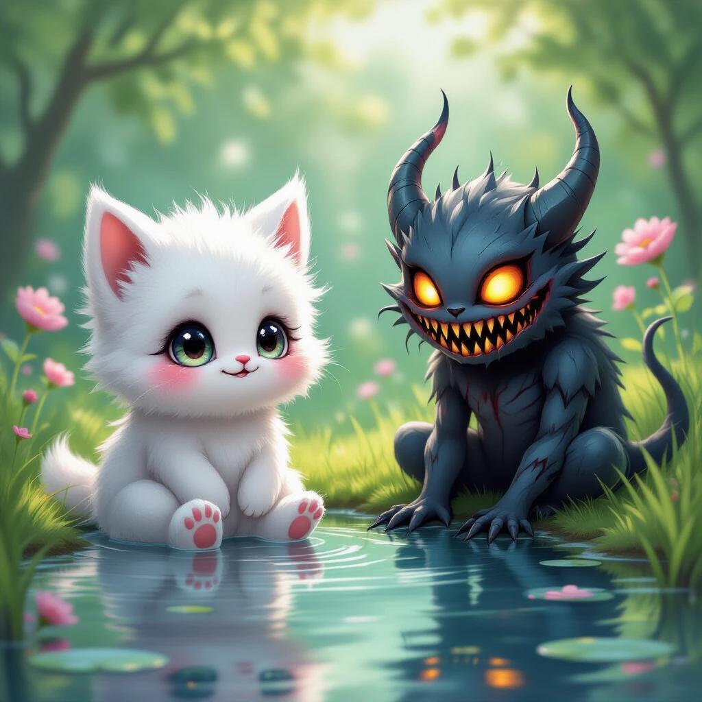 Fluffy creature with big eyes sitting in a garden. Shadow reveals twisted demon. Soft, pastel fur. Reflection in pond is distorted. Surreal fantasy art with psychological themes.