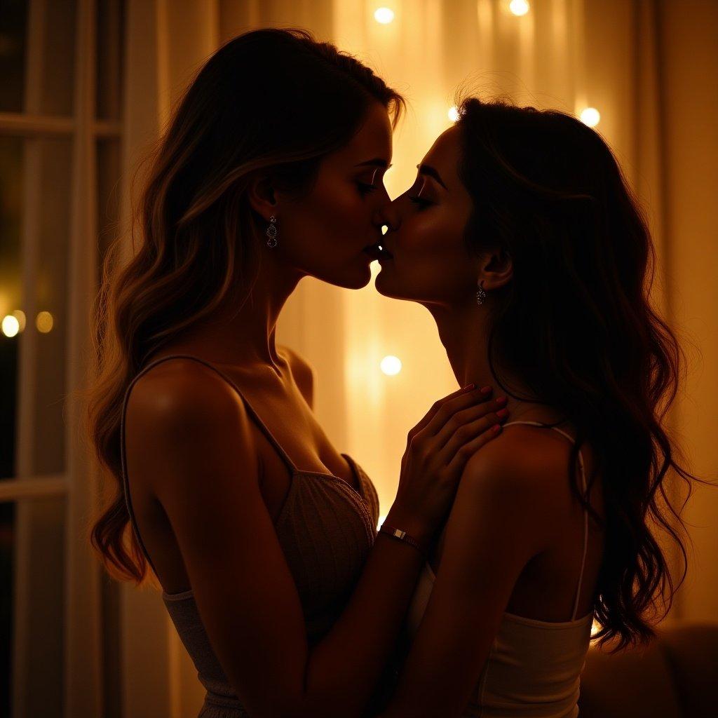 Two women share an intimate kiss in a warm and romantic setting, softly lit by fairy lights. The focus is on their connection and the ambiance of love.