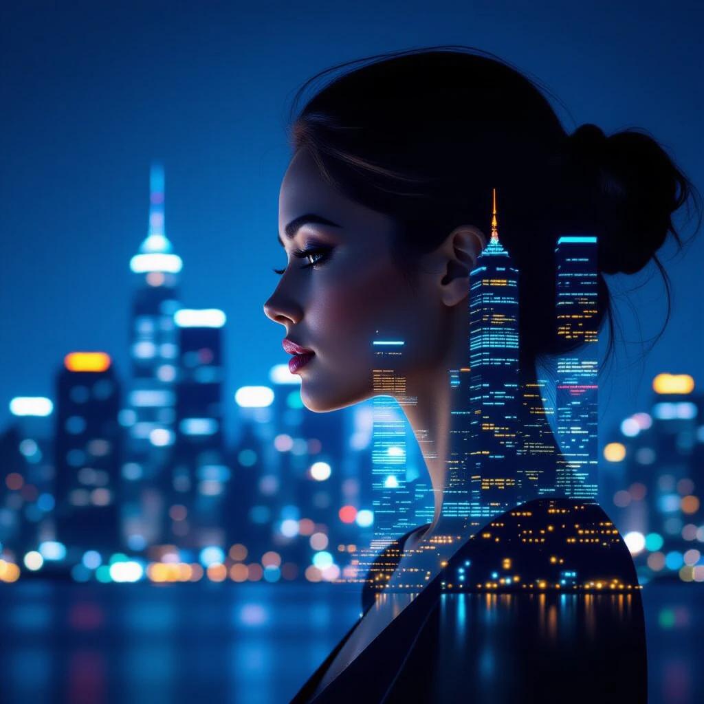 A woman's side profile blends with a glowing city skyline at night. High-rise buildings have illuminated windows. Neon lights reflect subtly on her skin. The image has a double exposure effect. The atmosphere is futuristic and surreal. The color scheme is dark blue and amber. The composition is elegant and resembles concept art.