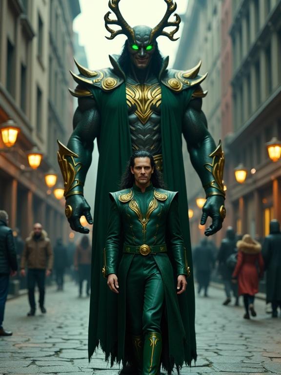 Full-body image of Loki portrayed with Tom Hiddleston's face in emerald green Asgardian armor walking confidently. A towering monstrous Evil Loki Variant with cracked horns and glowing eyes follows closely, set in a dimly lit modern city alley.