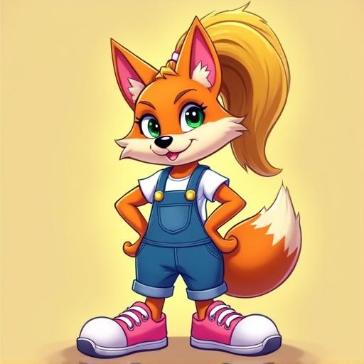 Cute anthropomorphic female bandicoot with golden blonde hair in a high ponytail. Bandicoot has green eyes and wears denim overalls over a white t-shirt. Pink sneakers worn on feet. Bandicoot stands confidently with an expressive and intelligent look. Cartoon-style illustration with bright colors and stylized fur. Dynamic pose inspired by 90s platform video games. Vivid background enhances the character.