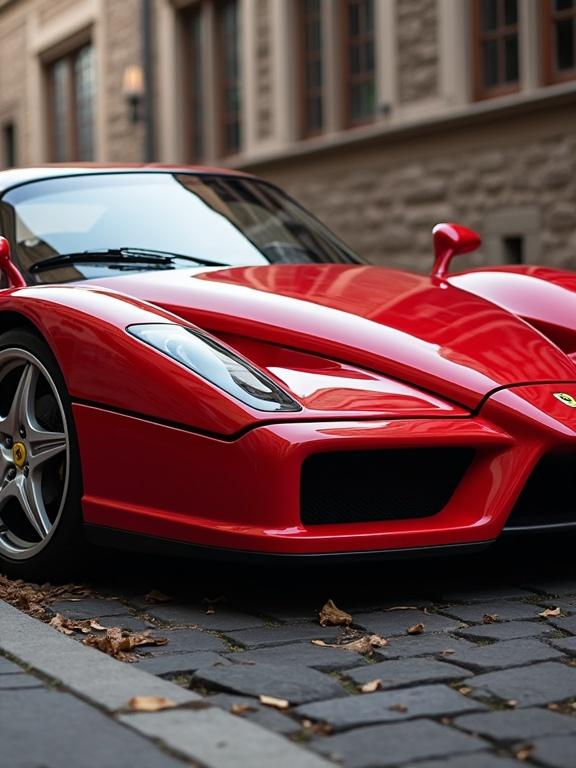 Image of a Ferrari Enzo from 2005 parked on a city street. Car is red with distinct aerodynamic features. Low angle showcases its design and power.