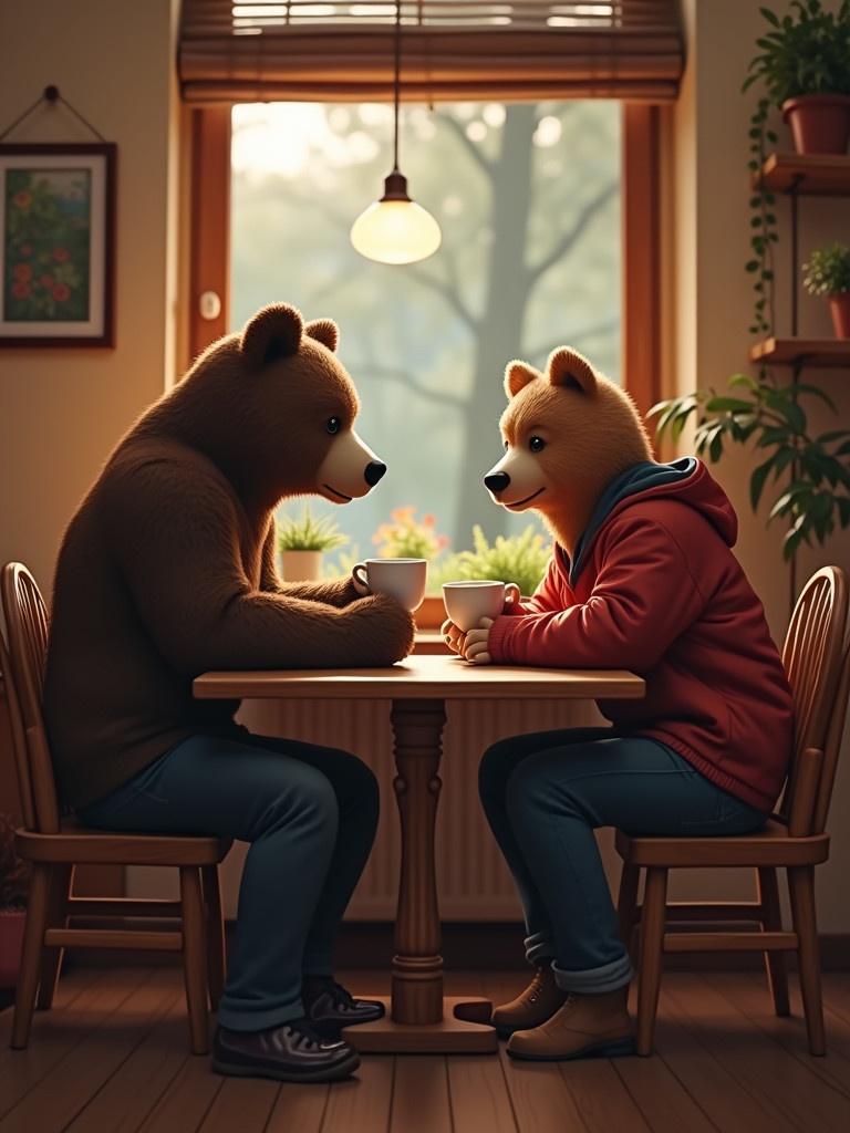 A male bear and a female bear sit together at a small wooden table. Both bears drink coffee from cups. They are in a cozy room with plants around. Soft light shines through the window creating a warm ambiance. The setting is comfortable and inviting.