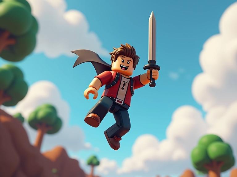 Roblox character performs a backflip in mid-air. The character holds a sword. Background has trees and clouds. Bright colors and dynamic perspective create a sense of excitement.