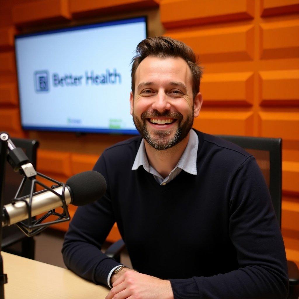 Man sitting in podcast studio. He has a beard wearing a dark sweater over a collared shirt. Background has orange soundproofing panels and a screen showing 'Better Health'. A microphone is on the table. Atmosphere is professional and inviting. Man appears relaxed and is smiling during the recording.