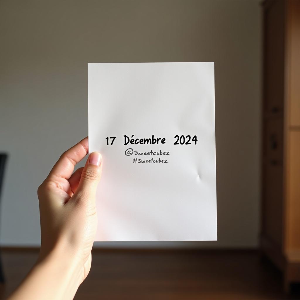 Image shows a hand holding a piece of paper with the date 17 Décembre 2024 and the username sweetcubez. Indoor setting with soft lighting. Paper is the main focus.