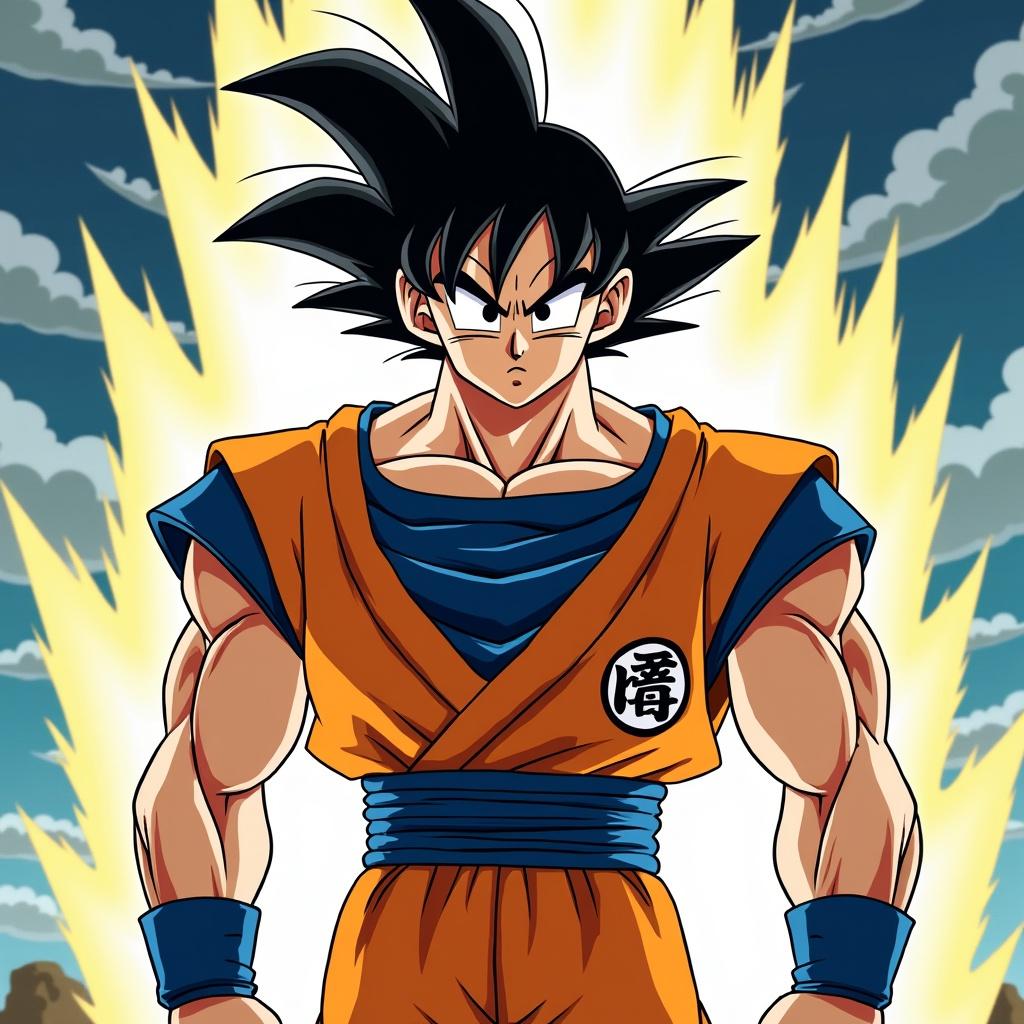 Illustration of a character in Super Saiyan form wearing an orange outfit with blue details. Strong body language and determination are evident. Background shows a dramatic sky and energy aura.