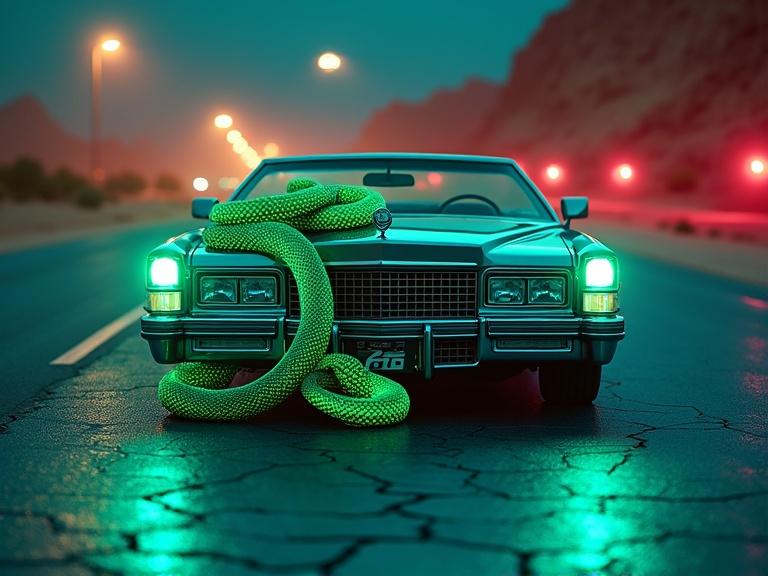 Low-angle shot of Cadillac Eldorado with snake around hood ornament. Neon scales glow in ambient light. Desert highway with heat waves behind. Drone cam reveals underglow across asphalt. Motion trails visible on snake's movement.