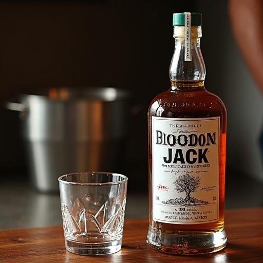 Photograph of a wooden table featuring a bottle of Black Jack Korn Whiskey with a white label showing a tree graphic. Next to it is an empty clear tumbler. Background includes a blurred metallic container and a person's arm. The overall feel is rustic and cozy with warm lighting and slight bokeh effect.