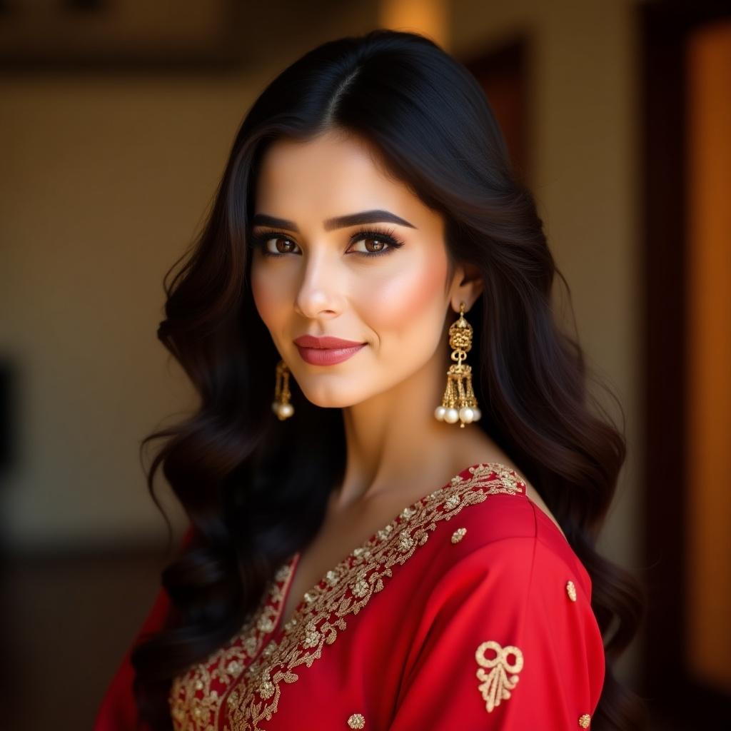 Image features a woman in traditional attire. She wears a red outfit with golden embroidery. She has long dark hair in waves and elegant earrings. The background is blurred to focus on her features. Ambient lighting enhances her makeup.