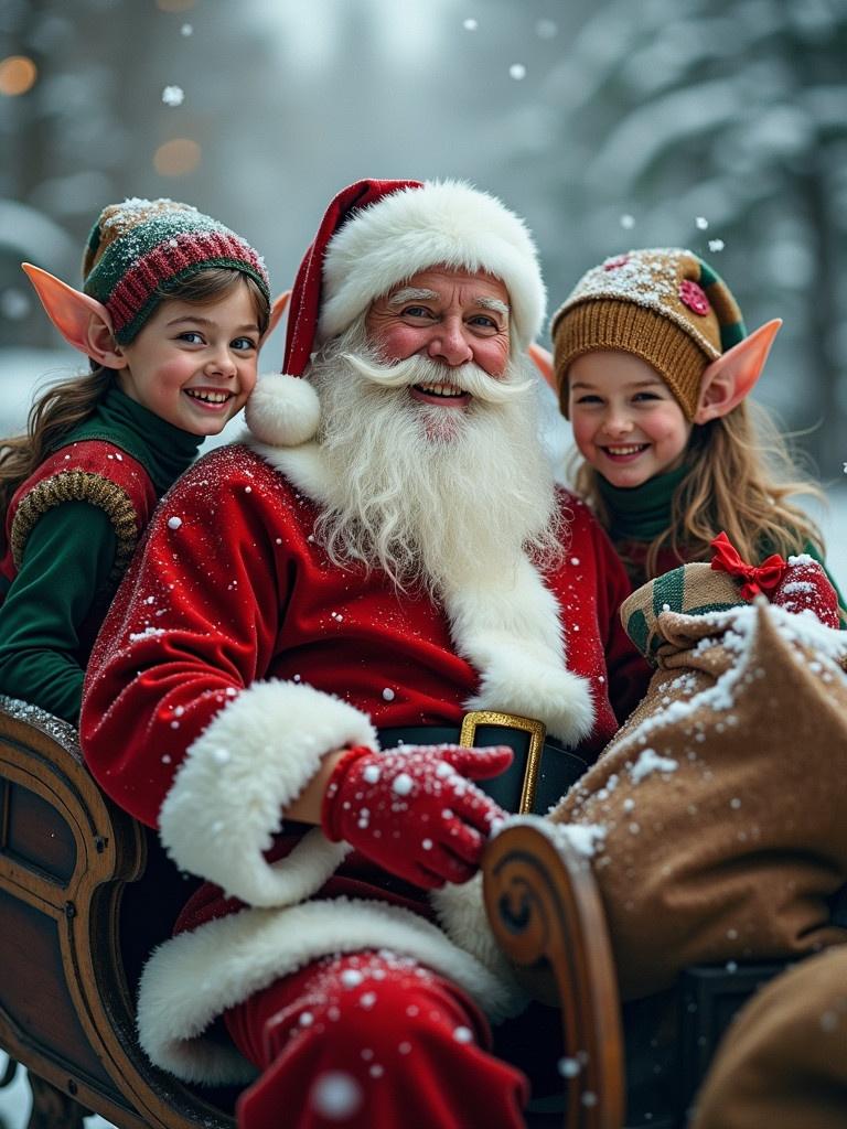 Photo realistic Santa Claus in a sleigh with a joyful expression. Two elves next to Santa hold a bag filled with presents. Snow gently falls around the scene.