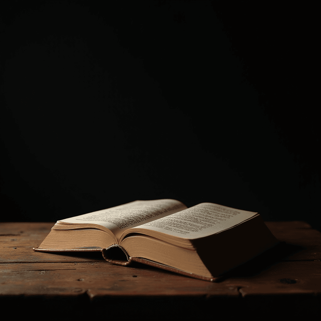 An open book on a wooden table, highlighted dramatically against a dark backdrop.