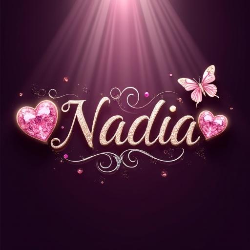 Luxurious logo design with the name Nadia in sparkling script font. Features pink and gold gemstones on a deep purple background. Elaborate pink gemstone hearts and golden rose flourishes surround the text. Delicate pink and silver butterfly to the upper right. Additional text beneath includes Nadia and Nem in cursive with scattered sparkles.