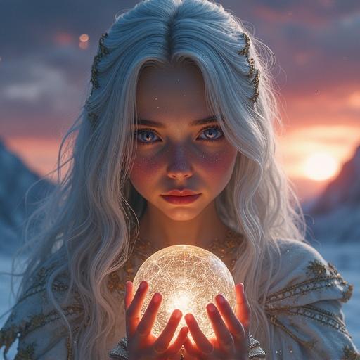 Close-up portrait of a celestial wanderer girl. Silver-white hair with cosmic dust. Piercing violet eyes reflect starfields. Porcelain skin with glowing runes. Tattered cloak from stardust. Expression is weary yet determined. Holding a cracked crystal orb with weak light. Background has a desolate landscape with shattered mountains and crimson sky. Lighting from the orb casts golden glows.