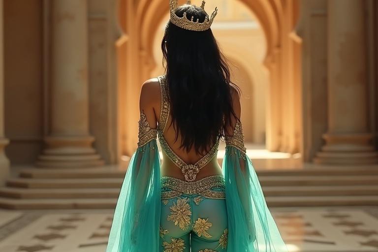 Tall princess wearing ornate turquoise Arabian-style outfit. Features include gold embroidery and sheer overlay pants. Hair is shiny black. Deep V-neck top. Bold jeweled headpiece. Walks toward throne, crown in hand, light trailing behind. Ready expression.