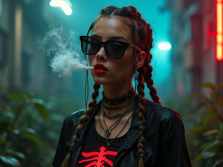 A full body portrait set in a cyberpunk atmosphere. A stunning young woman with colorful braids and sunglasses poses with an air of cool confidence. Smoke emerges from her lips. She wears a fitted black t-shirt with red rib cage graphics, complemented by dark sunglasses. Intricate details showcase her piercing and muscle implants. The setting blends psychedelic lighting with a backdrop of greenery and urban elements, creating a striking visual interplay.