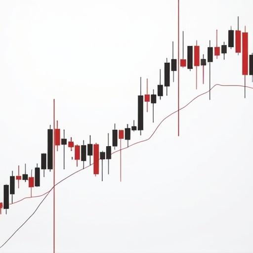 A candlestick chart displayed in simple white background. The chart shows a series of black and red vertical lines representing price movements. The lines have varying lengths symbolizing market volatility. A red line moving through the candlesticks suggests a moving average.