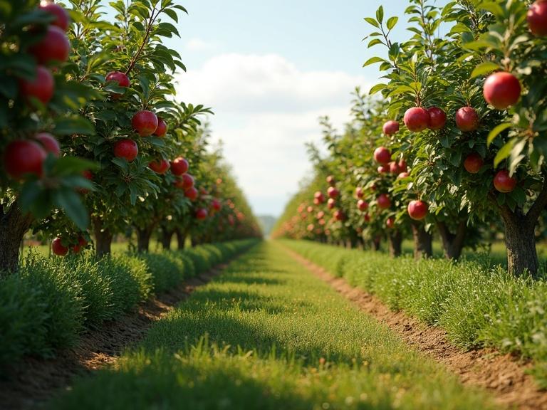 Field full of apple trees with ripe apples. Realistic setting with clear view of rows and trees. Ripe apples visible. Green grass and blue sky.