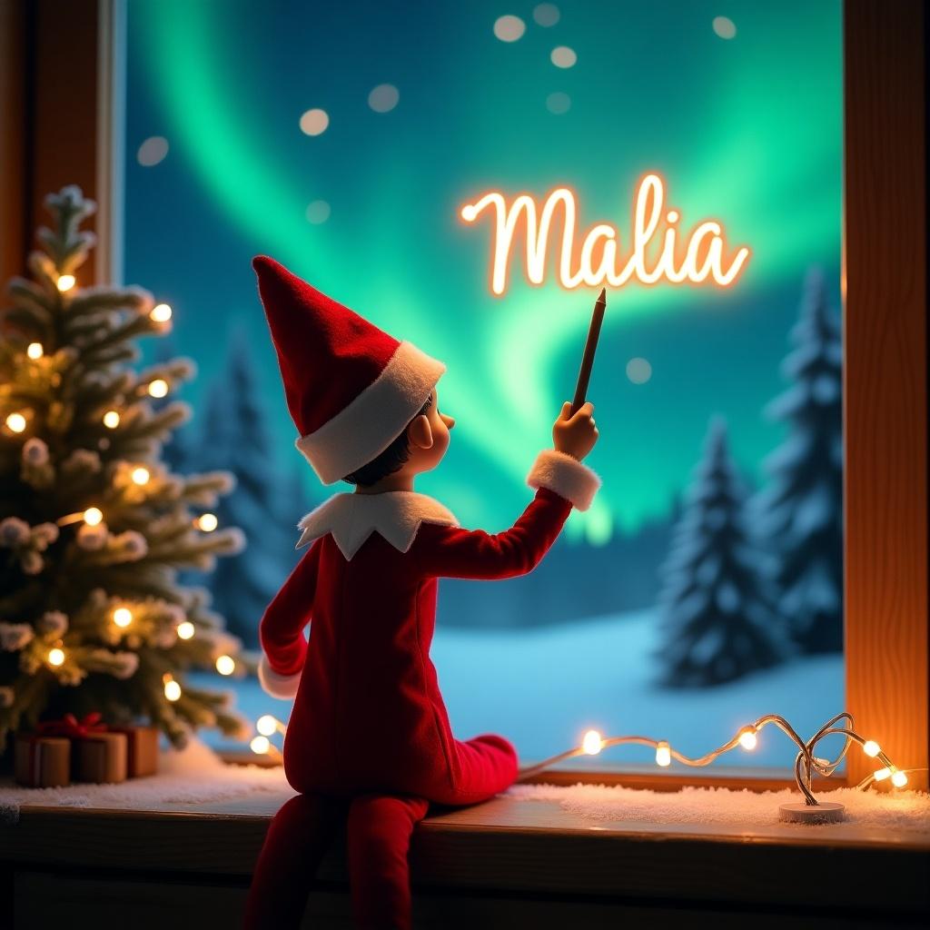 An enchanting Christmas scene unfolds with an elf on the shelf, who faces a mesmerizing sky, back to the viewer. The elf, dressed in red and white, holds a magic wand, inscribing 'Malia' in a warm, glowing script above. The backdrop boasts vibrant northern lights that infuse the atmosphere with magic. A nearby Christmas tree, adorned with twinkling lights, complements the festive mood. This scene encapsulates the joyful spirit of the holiday season, evoking a sense of wonder and excitement that delights both children and adults alike.