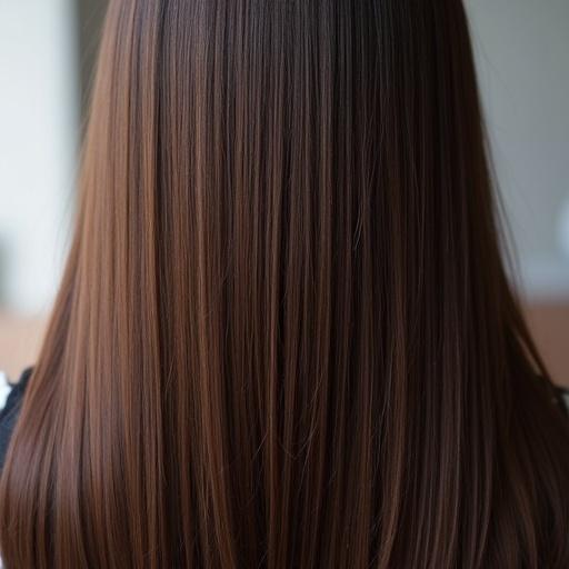 Overhead view of glossy Japanese straight hair in a soft natural lighting. The focus on hair showcases its smooth texture and shine.