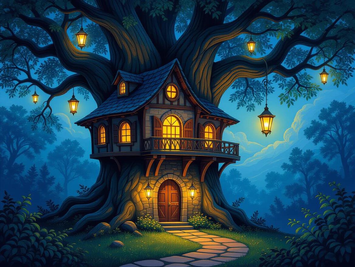 An awe-inspiring painting of a tree house nestled in a large ancient tree. Night scene with glowing lanterns and illuminated windows. Surroundings are lush and magical. Contrasting colors of warm lights and cool night. A serene and elegant atmosphere is created. Thick oil paint strokes used for a sculptural texture.