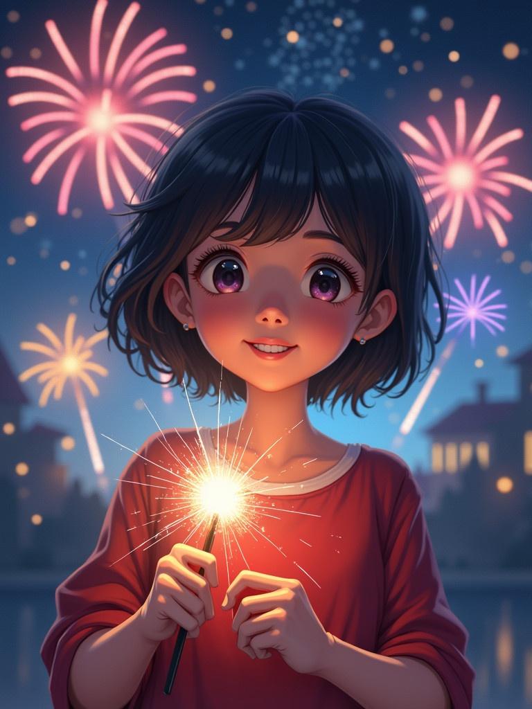 Magical New Year’s evening. Beautiful girl with short black hair. Holding a sparkler. Background filled with colorful fireworks. Warm and festive atmosphere.