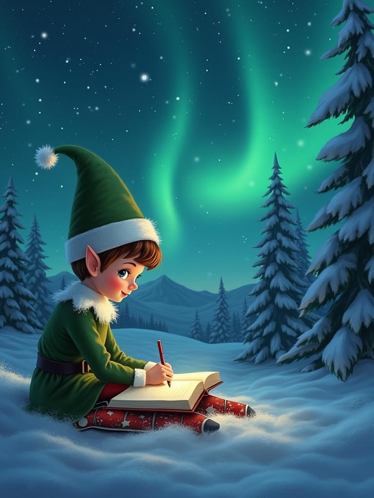 Elf in winter attire writing on a notebook. Background has northern lights with mountains and snow-covered trees.