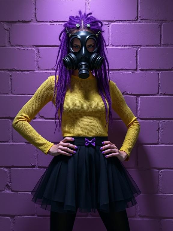 A young woman with purple dreadlocks and a black gas mask stands in front of a purple brick wall. She wears a yellow fishnet top, a black skirt with purple ribbons, and black leggings. Her expression is serious. The lighting is dramatic with shadows.