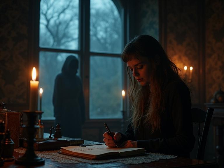 A gothic manor interior captured at dusk. Flickering candlelight illuminates a lone woman with a pen at her desk. A shadowy figure is seen lurking in the hallway. The scene creates a moody and suspenseful atmosphere.