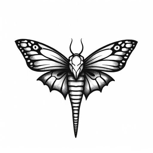 Black line tattoo design featuring a viper head with moth wings. Viper viewed from the front with a triangular shape. Head shows scales, narrow pupils, and curved fangs. Third eye on forehead. Moth wings extend symmetrically with eye-like patterns. No colors or shading. Bold clean outlines in traditional Japanese style. Suitable for sternum tattoo.
