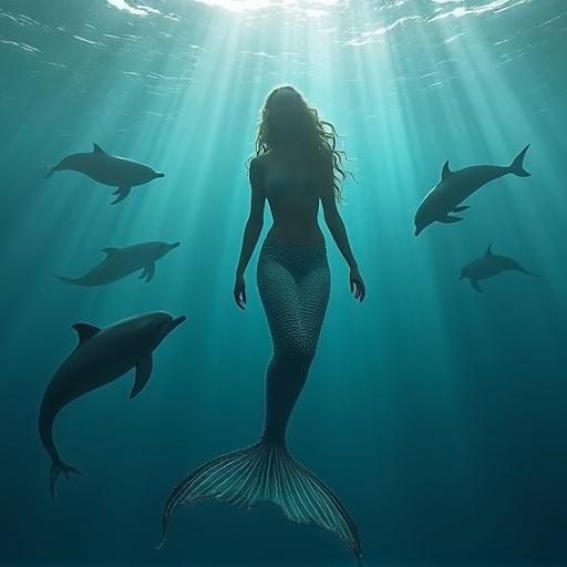 Wide view of a mermaid swimming in the sea surrounded by dolphins in a realistic manner