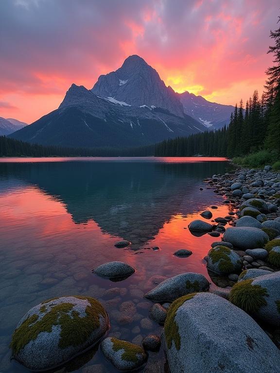 Serene sunset with majestic mountains and vibrant orange and purple hues in the sky. Peaks are covered in greenery and their reflections shimmer in a tranquil lake. Rocky shore has moss and grass. Still water mirrors dramatic sky, showcasing nature's beauty.
