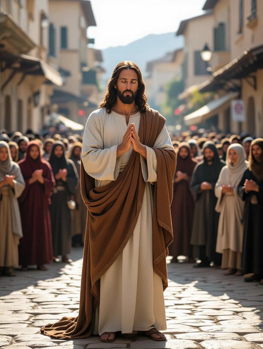 Create an image of Jesus standing in front of a large group of people who are praying. The setting is a cobblestone street in a historical village. The scene is peaceful with a warm light. The crowd shows respect and devotion in their expressions and postures.