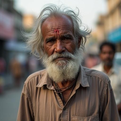 Elderly Indian man walking on a busy street. He has a hairy face with a detailed expression. Scene captured in a candid moment. Taken with a Mamiya lens f/4 at 85mm, highlighting full body in afternoon light.