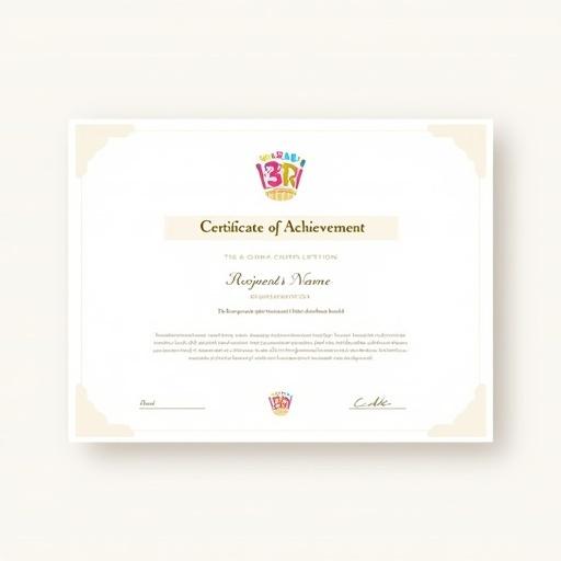 Create a rectangular certificate of achievement with 16:9 aspect ratio. The certificate features title Certificate of Achievement. Recipient’s name displayed prominently. Concise statement recognizing achievement included. Date clearly indicated. Signature line for authorized signatory included. Baskin-Robbins logo in a prominent but tasteful location. Harmonious color palette used. Sufficient white space for a modern appearance. Professional and uncluttered design with attention to spelling and grammar.