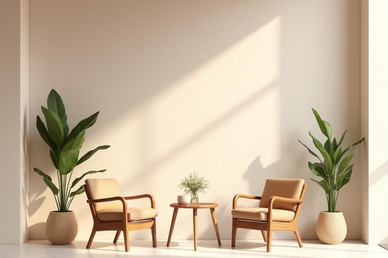 Rendering of a coffee shop corner with two chairs a coffee table and two plants. 8k octane photorealistic image. Minimalist design with muted colors. Large vertical blank walls. Focus on simplicity and clarity.