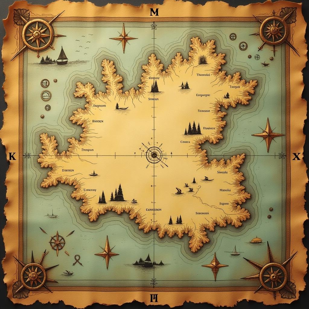 An illustration of an old treasure map. The map has a weathered texture with brown and yellow tones. The edges are tattered and the ink appears faded. Illustrations include compasses and sea monsters. Markings indicate treasure locations with 'X' marks. Mysterious symbols add an enchanting feel.