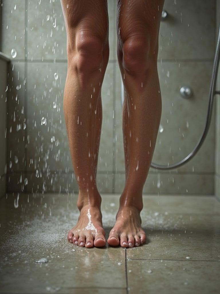 Image captures wet bare feet in a shower cabin. Water flows down, creating a refreshing ambiance. Focus on legs and feet with water droplets falling around. Soft lighting enhances the serene atmosphere.