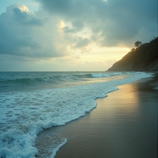 Scene of a beach at golden hour with gentle waves. Soft pastel colors wash over the landscape. Beautiful and serene atmosphere is created by natural lighting. Captivating shoreline invites contemplation. A stunning moment of natural beauty.
