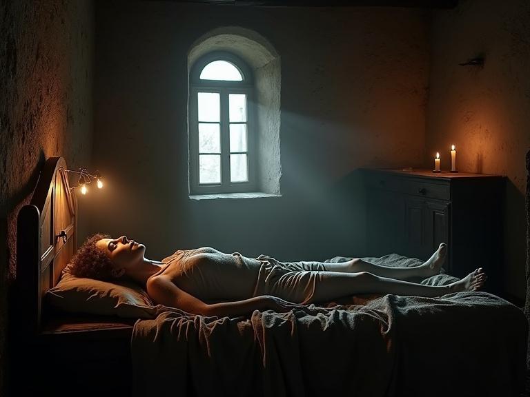 A deceased person lying in an old wooden bed in a dim room. Room features stone walls, wooden beams, and candles. Moonlight shines through a rustic window. Soul appears luminous and ethereal. Mystic lighting and soft focus create a detailed atmosphere.